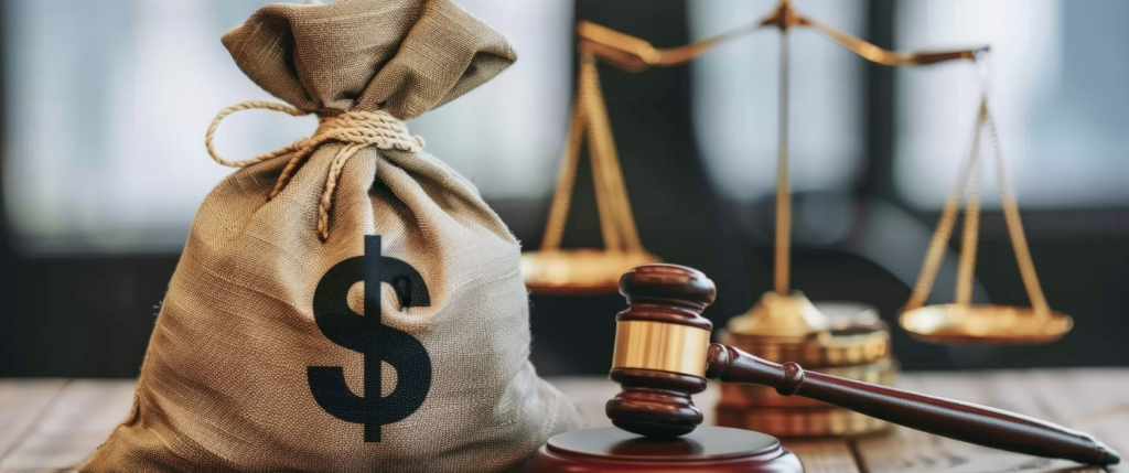 bag of money in front of scales of justice