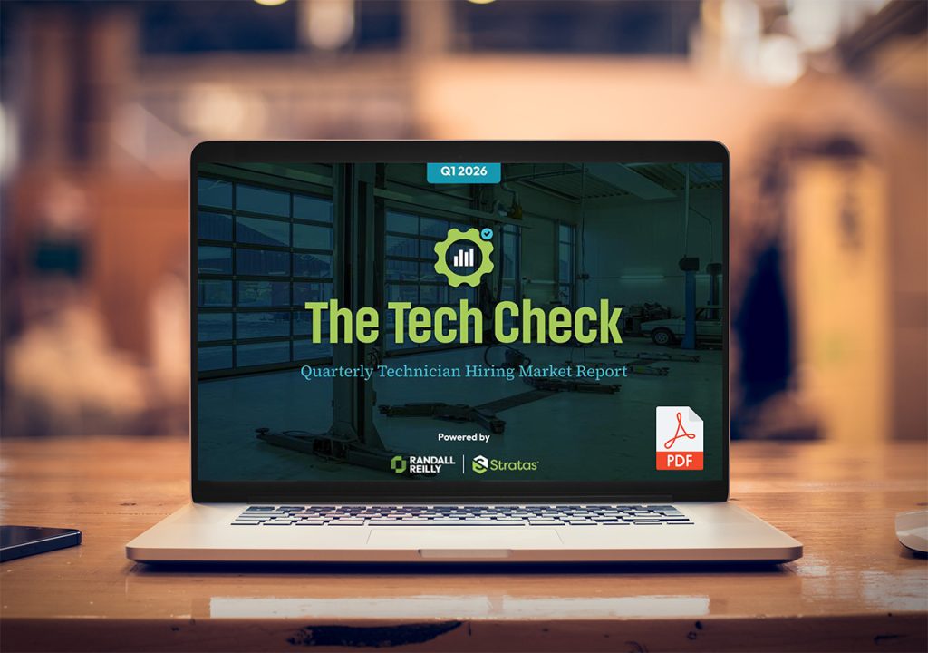 Laptop screen shows 'The Tech Check' report cover—Quarterly Technician Hiring Market Report—with a PDF icon and sponsor logos on a workshop background.