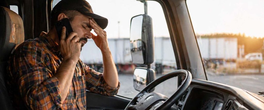 Truck driver in a plaid shirt sits in the cabin, talking on a cellphone with one hand on his forehead, sunset outside the window.