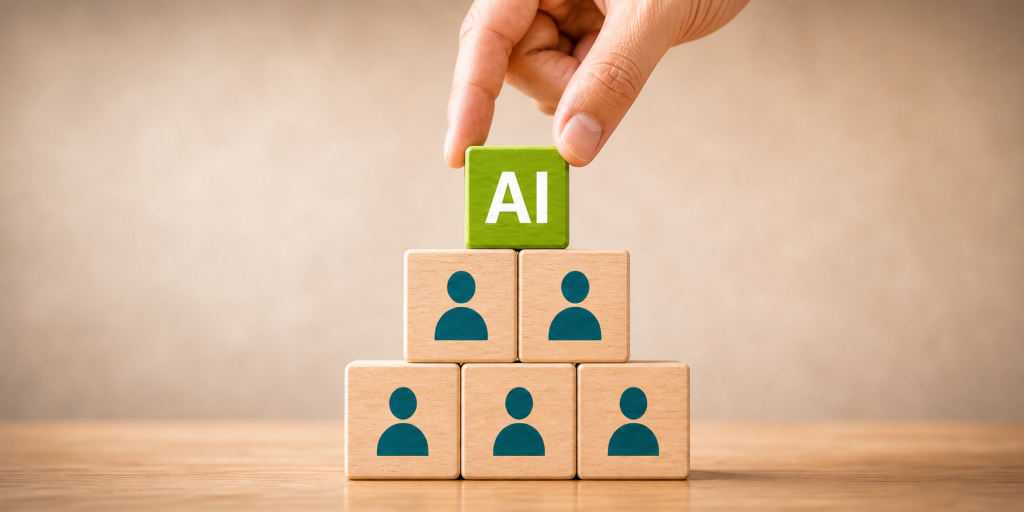 Green AI block being placed on a pyramid of wooden blocks with blue user icons, symbolizing AI in team building.