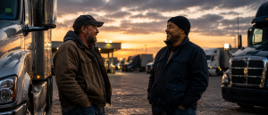 Two truck drivers chat beside large semi-trucks at sunset in a busy truck yard on a gravel lot.