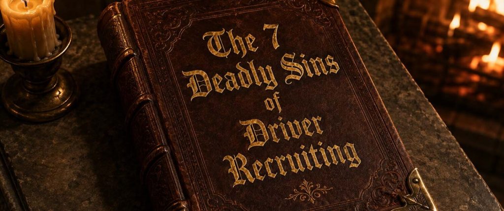 Leather-bound book titled 'The 7 Deadly Sins of Driver Recruiting' on a stone table beside a lit candle, in warm amber light.