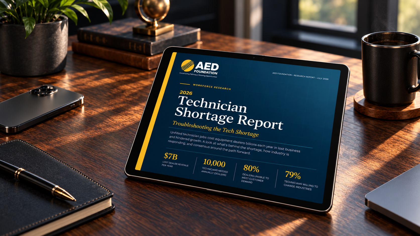 Tablet on a wooden desk displaying the AED Foundation 2026 Technician Shortage Report infographic on its screen.