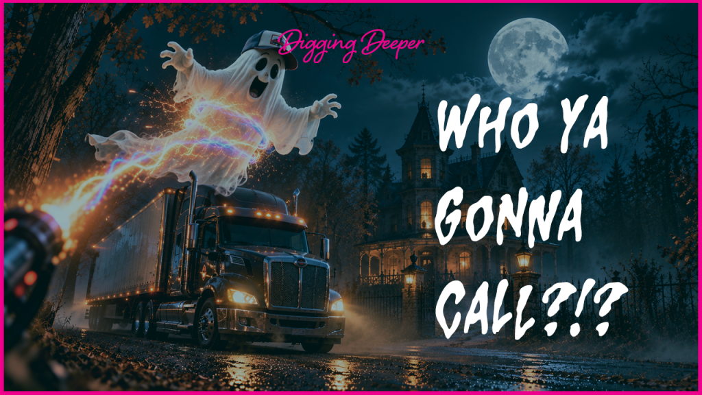 Ghost escapes a truck at night, racing toward a haunted mansion under a full moon, with bold pink and white title text.